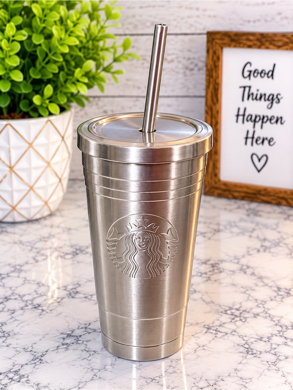 Starbucks 20oz Stainless Steel Tumbler Brushed Silver Metal Straw